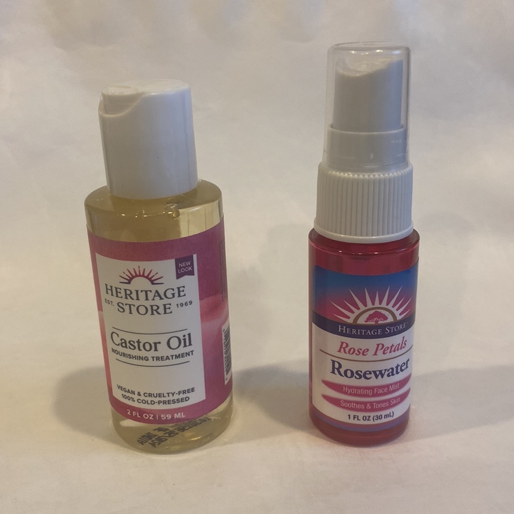 HERITAGE STORE 2p Rose Petal Rosewater 1oz Castor Oil 2oz CLEAN BEAUTY